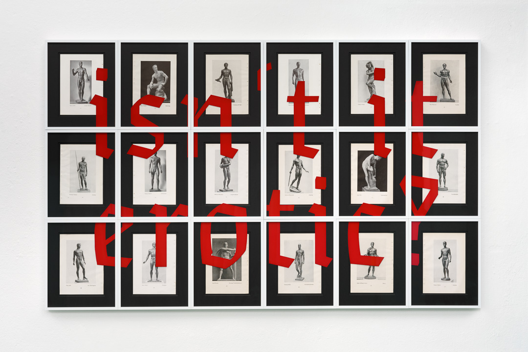 isn't it erotic?, 18 gerahmte Katalogseiten der Grossen Deutschen Kunstausstellungen, München (1937, 1939, 1940, 1941, 1943), Hinterglasmalerei, Passepartout, weiße Alurahmen, 93,6 x 151,2 cm