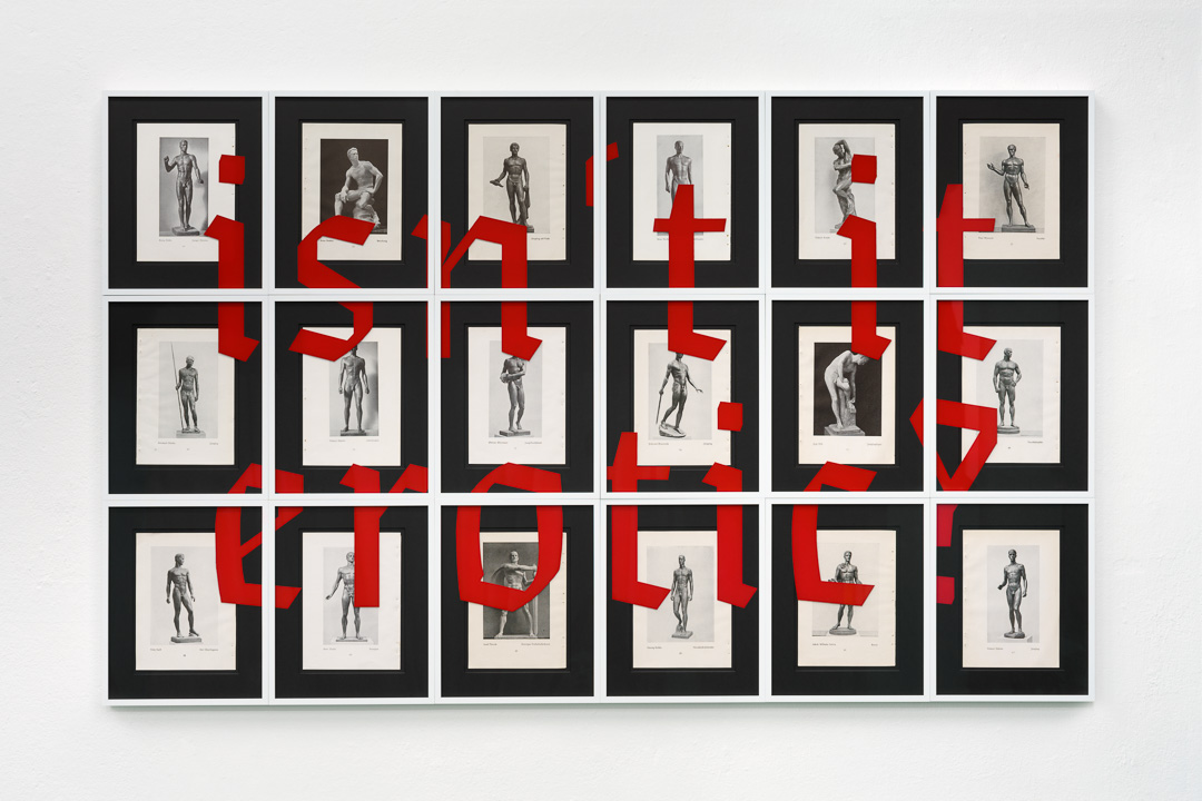 isn't it erotic?, 18 framed catalogue pages of the Great German Art Exhibitions, Munich (1937, 1939, 1940, 1941, 1943), reverse painting on glass, passepartout, white aluminium frame, 93.6 x 151.2 cm